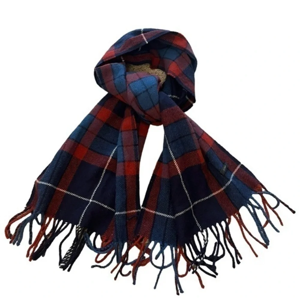 J.CREW oversized soft wool red & blue plaid winter scarf with fringe